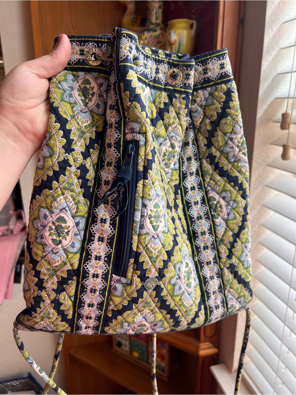 Vera Bradley Navy and Lime Quilted Crossbody Drawstring Bag